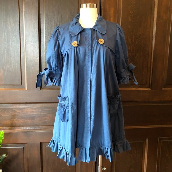 Grace and Desire Swing Coat Jacket Blue Pleated Ruffle Sz L Short Sleeve w/ Bow - Picture 1 of 13